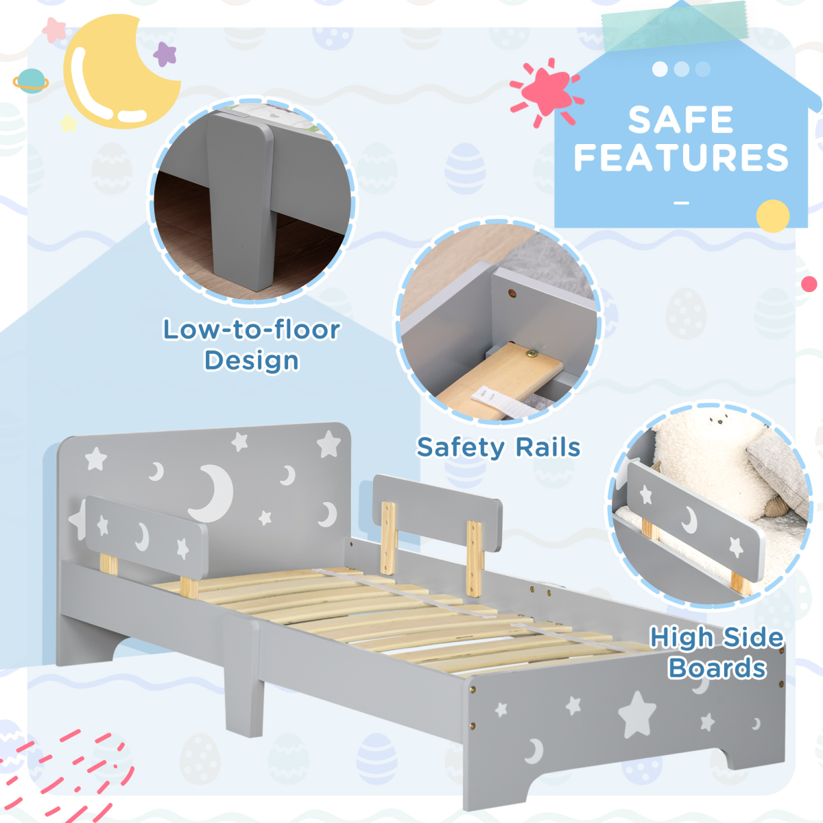 Kids Toddler Bed with Star & Moon Design and Safety Rails – Grey Children's Bed Frame, Ages 3-6