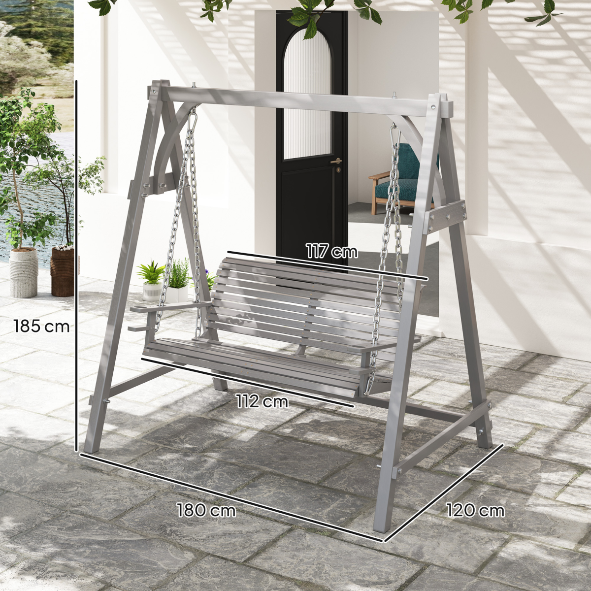 Outsunny 2-Seater Wooden Garden Swing Seat with Cup Trays & Steel Chains – Hammock Bench, Grey