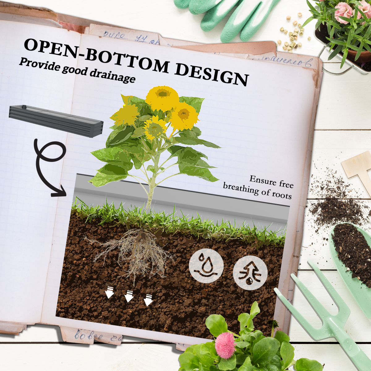 Outsunny Galvanised Steel Raised Garden Bed, 240cm Elevated Planter Box with Open Bottom, Grey
