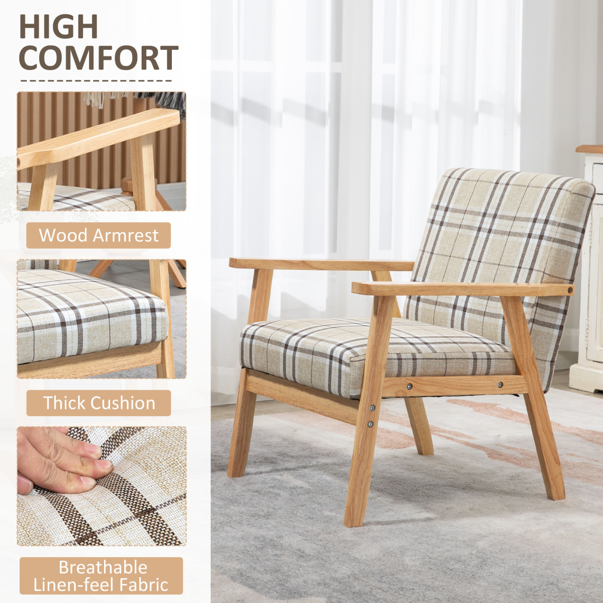 HOMCOM Modern Linen-Feel Accent Chair with Checked Seat Cushion & Open Frame – Beige