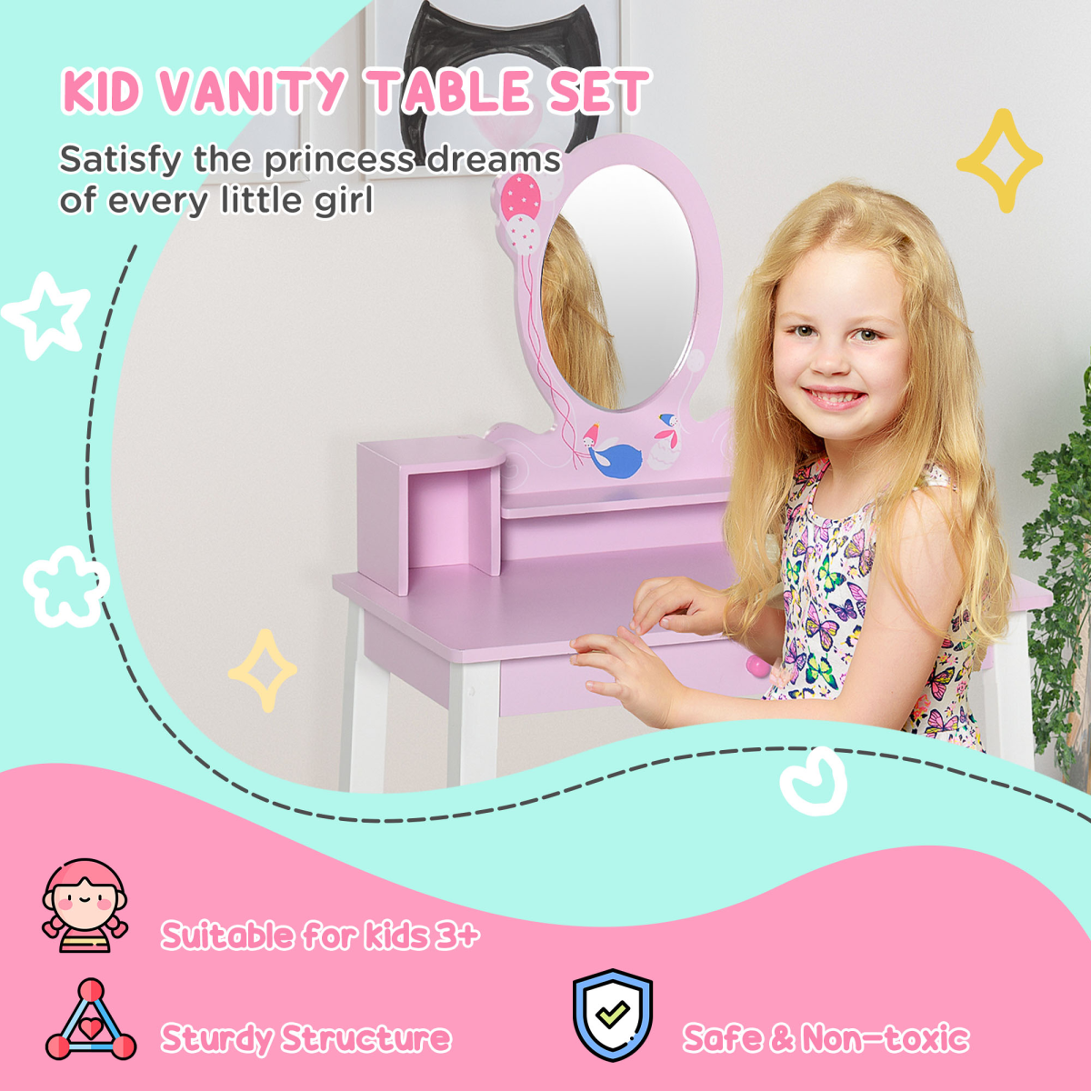 HOMCOM Kids Dressing Table and Stool Set with Oval Mirror & Storage Drawer – Make Up Desk, Pink