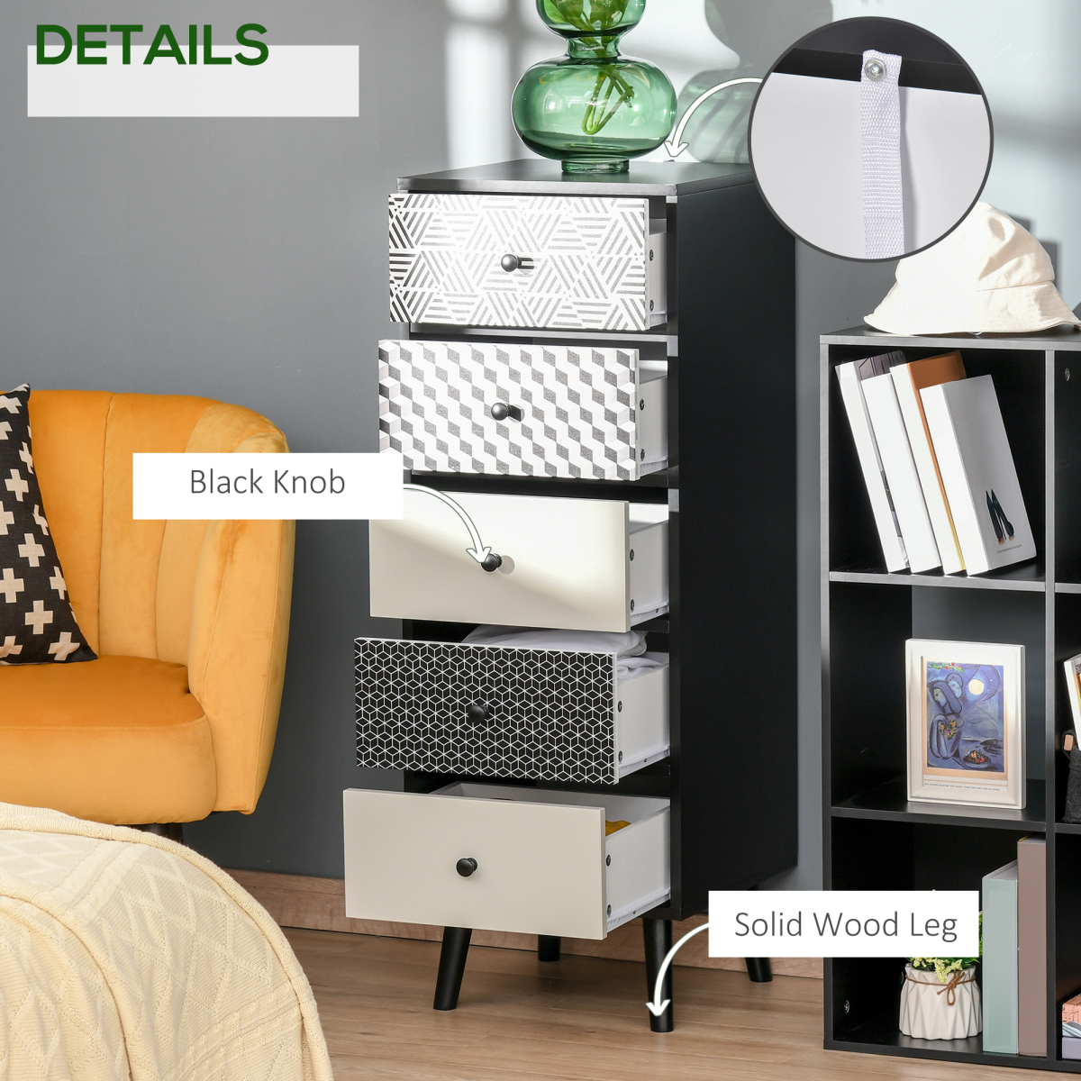 Geometric Print 5-Drawer Wooden Chest of Drawers with Anti-Tip Fitting – Bedroom Storage