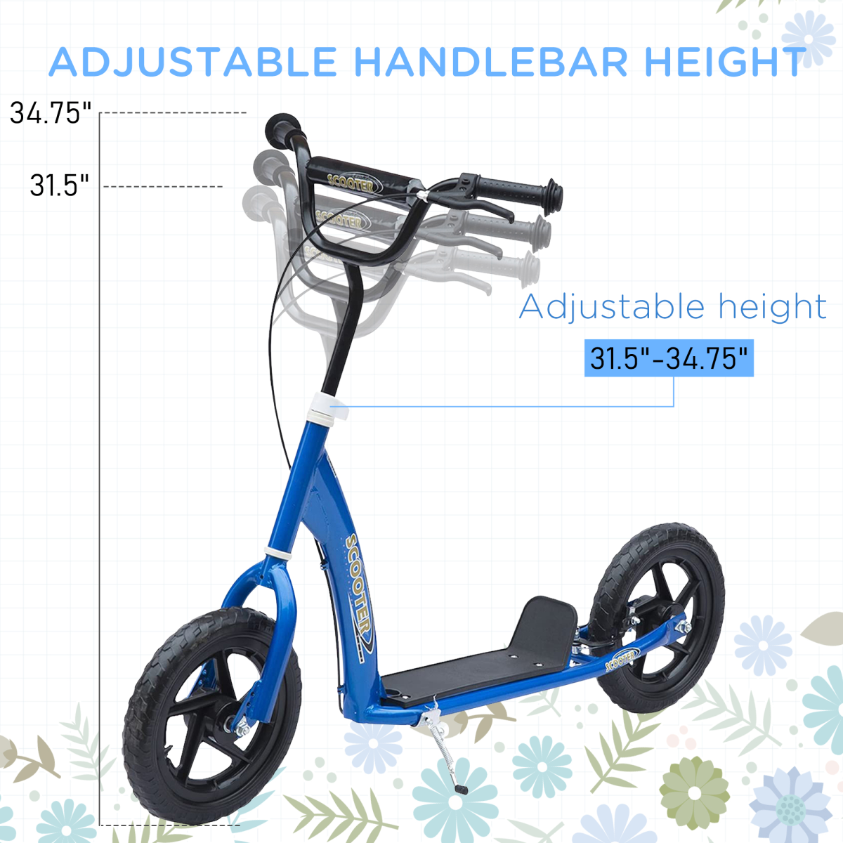 Kids Scooter with Adjustable Handlebars, Rear Brake and Non-Slip Footplate – Steel Frame Ride-On, Blue