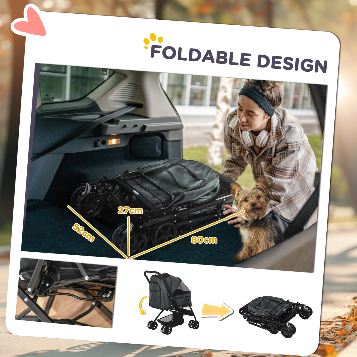 Pawhut Foldable Dog Pet Stroller with Reversible Handle, Canopy and Storage Basket – Travel Carriage, Grey