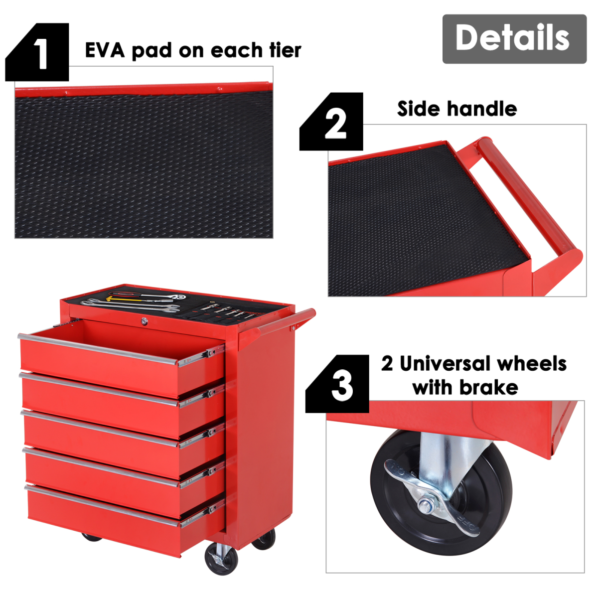 5-Drawer Steel Rolling Tool Cabinet with Castors – Workshop & Garage Storage, Red