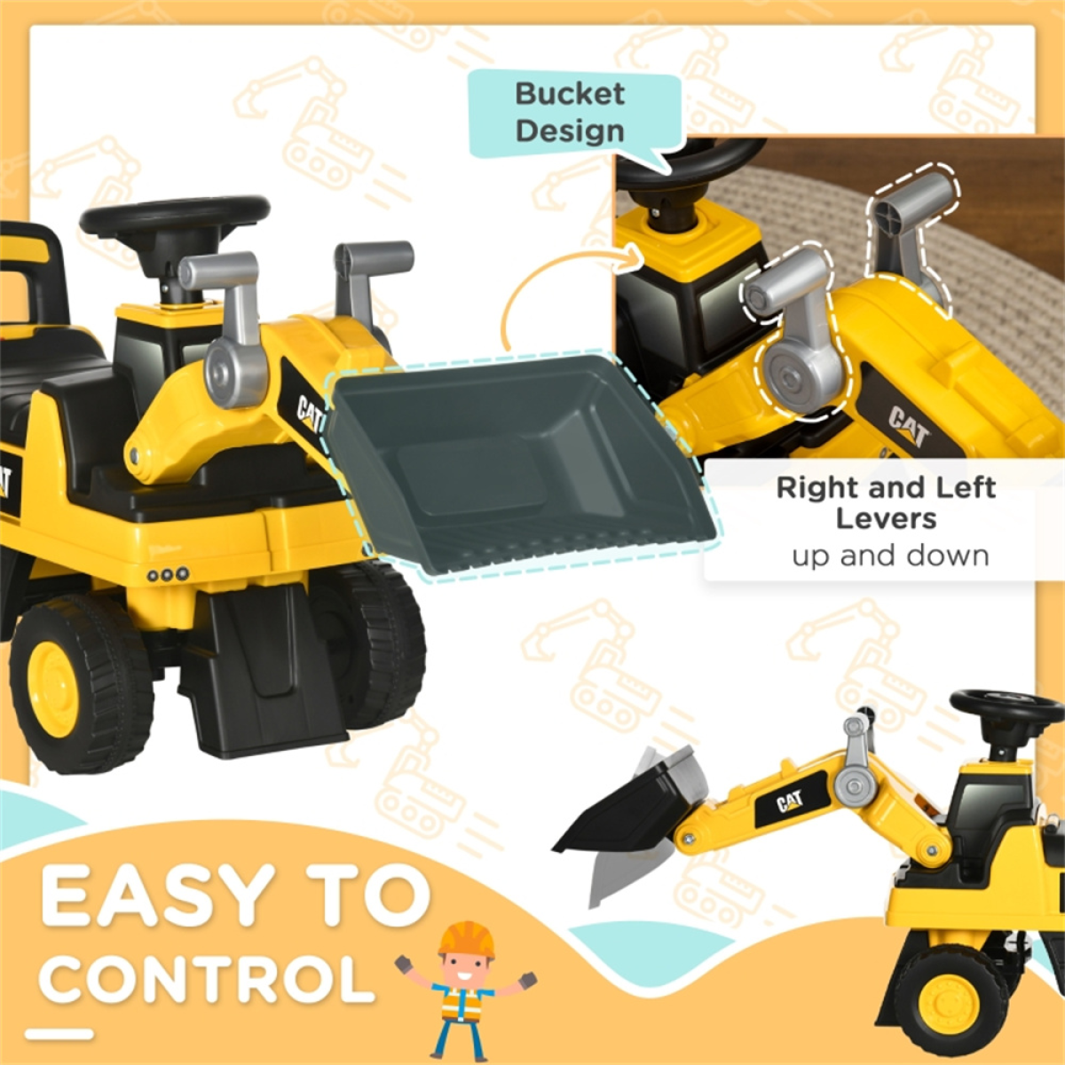 Toddler Ride-On Digger with Working Bucket, Under-Seat Storage and Horn – Foot-Powered Toy, Yellow