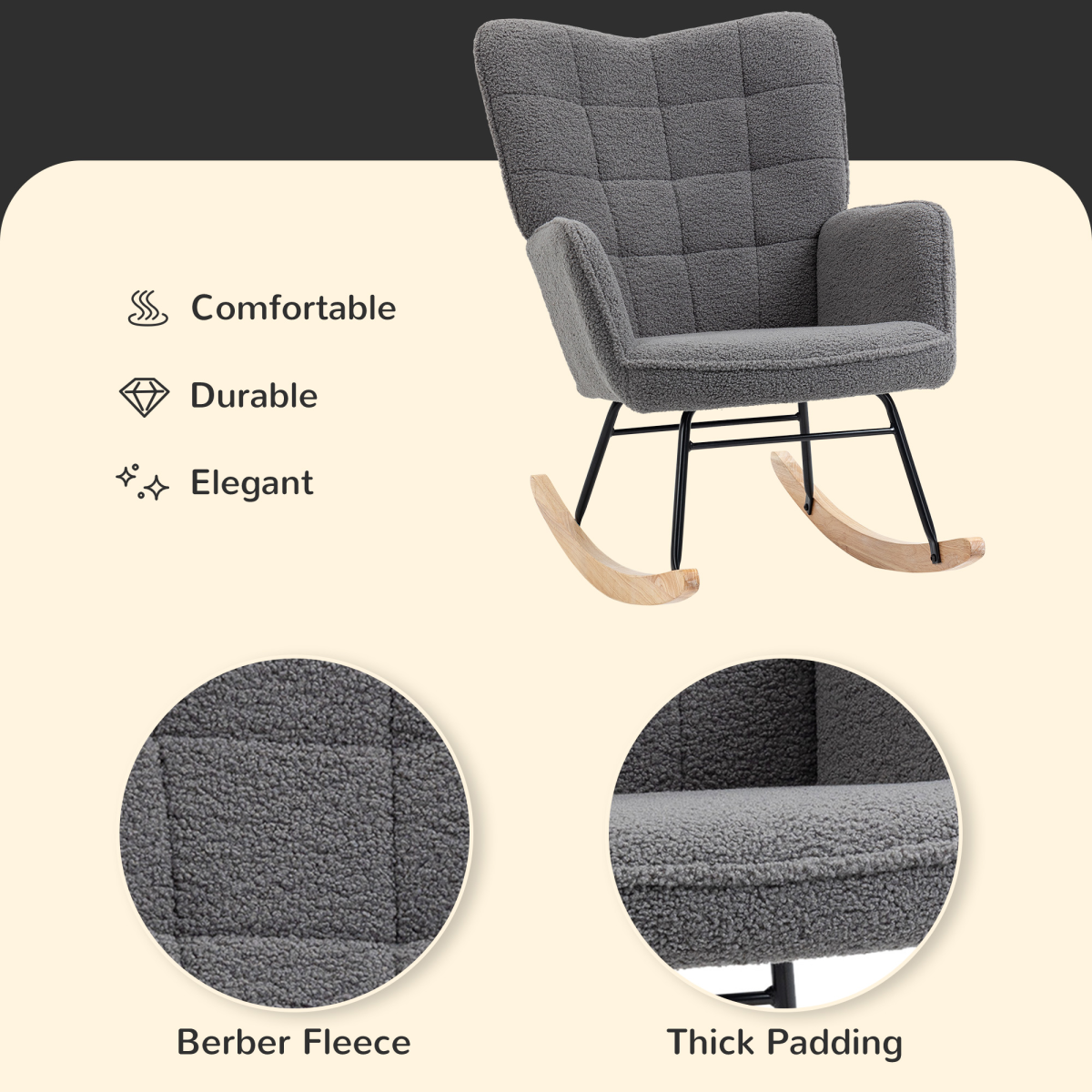 HOMCOM Wingback Nursing Rocking Chair with Curved Wooden Base and Fleece Upholstery – Grey