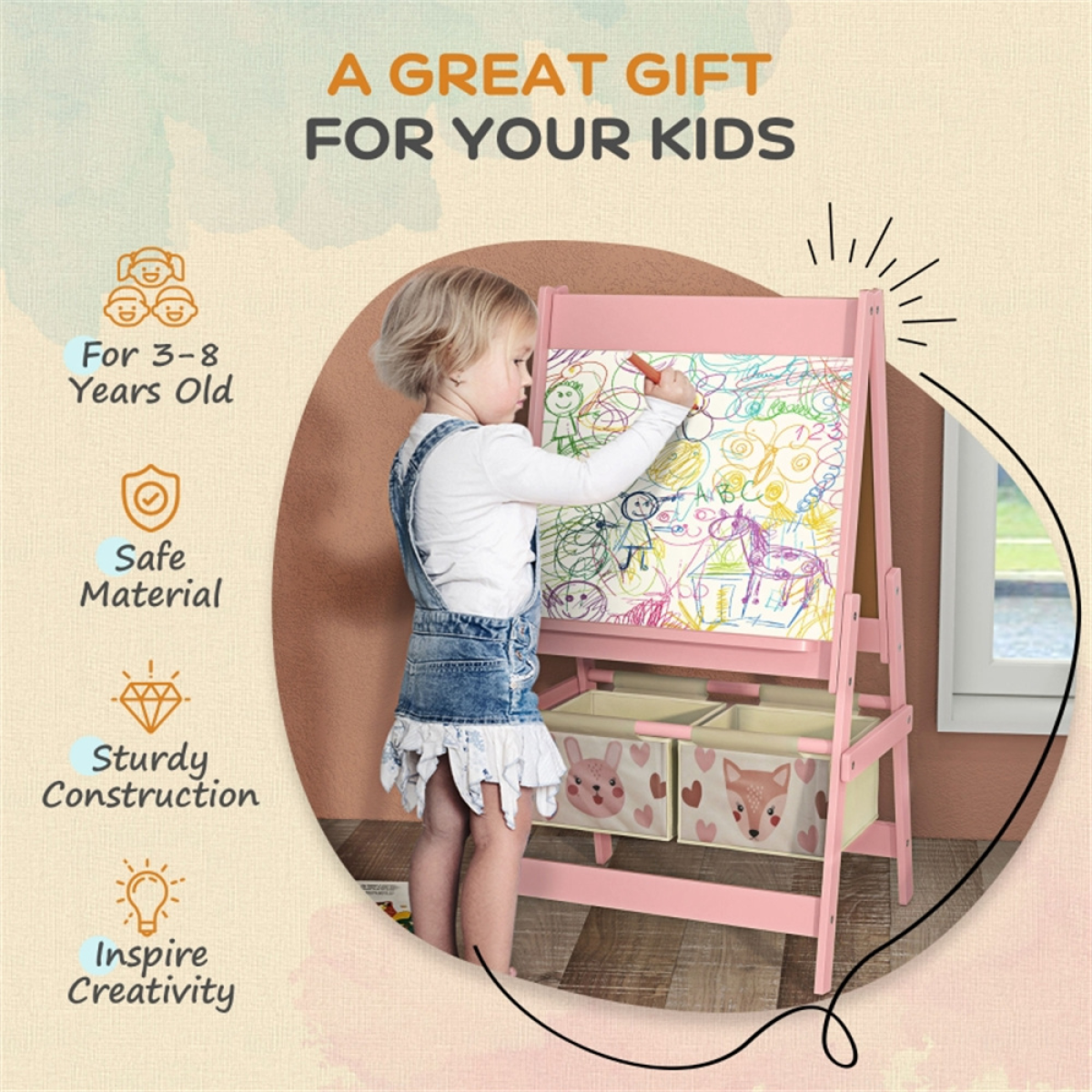 3-in-1 Kids Art Easel with Blackboard, Whiteboard & Paper Roll, 2 Storage Baskets – Animal Design, Pink