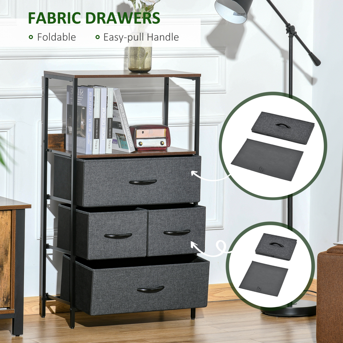 4 Drawer Storage Chest Unit with Top Shelves and Metal Frame – Living Room and Bedroom Storage, Black