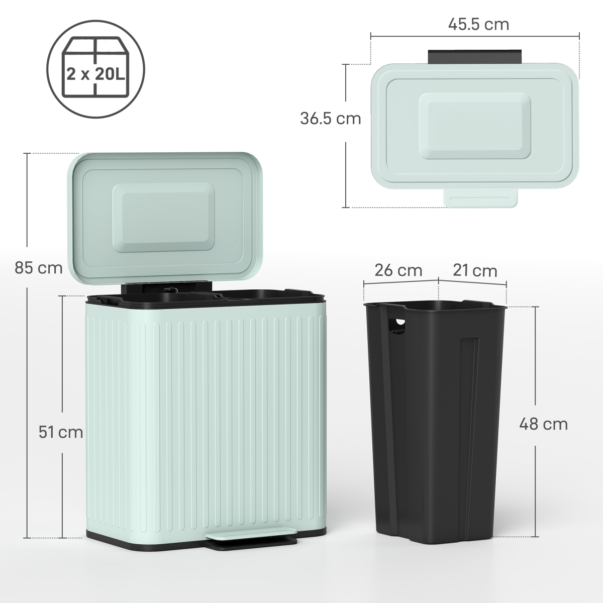 HOMCOM 2 x 20L Double Recycling Pedal Bin with Soft-Close Lids, Hands-Free – Kitchen Waste Separator, Green