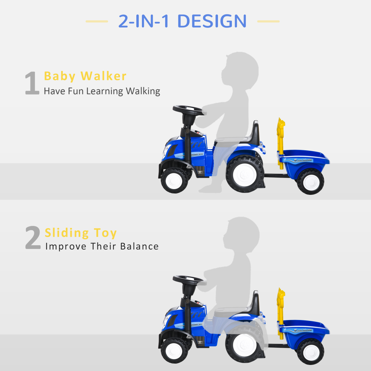 HOMCOM Toddler Ride-On Tractor Walker with Horn and Headlights – Foot-to-Floor Slider, 12–36 Months, Blue