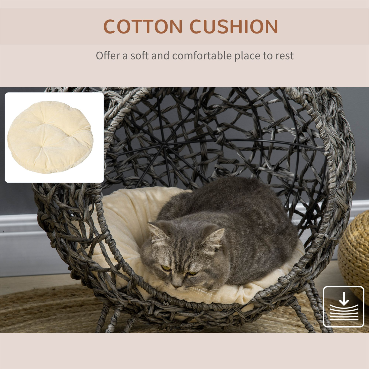 PawHut Elevated Rattan Cat House with Cushion – Kitten Basket Pet Bed with Door, Silver-Tone and Grey