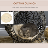 PawHut Elevated Rattan Cat House with Cushion – Kitten Basket Pet Bed with Door, Silver-Tone and Grey