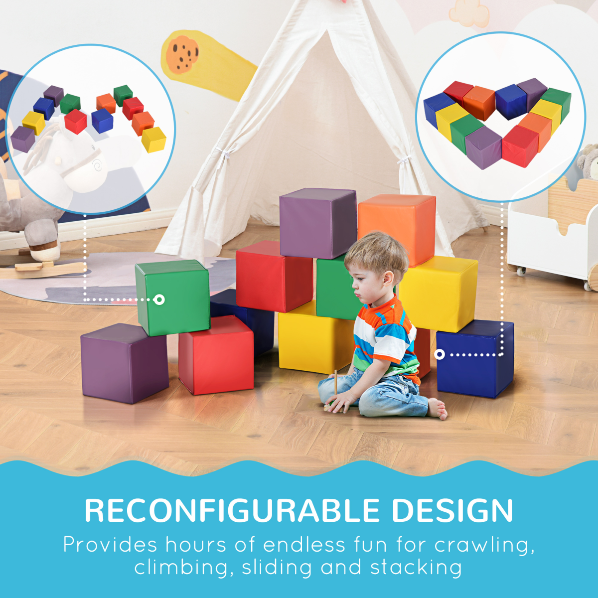 HOMCOM 12 Piece Kids Soft Foam Play Blocks – Stacking Building Set for Toddlers, Climbing and Crawling Toy