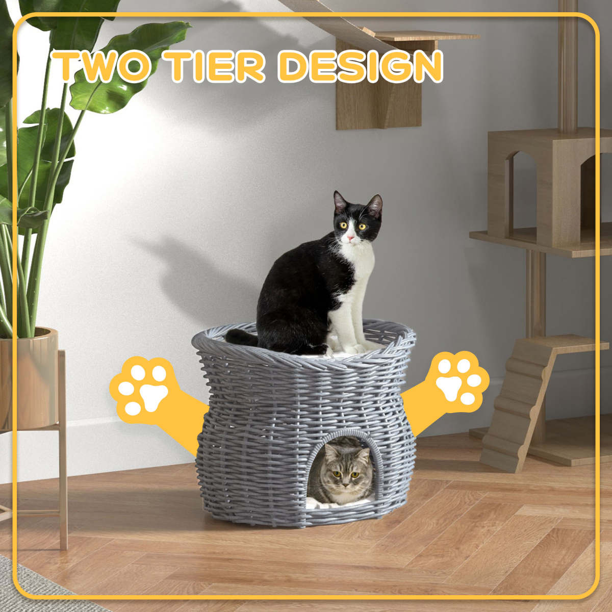 PawHut 2-Tier Willow Cat Condo with Padded Cushions – Elevated Wicker Pet Bed, Grey