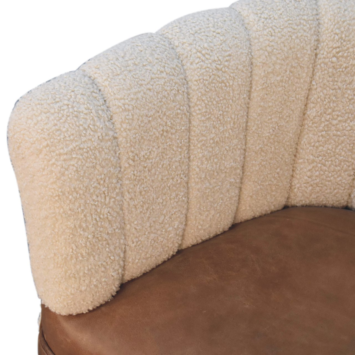 Artisan Furniture Solid Wood Boucle Armchair with Buffalo Leather Seat – Upholstered Accent Chair, Cream & Brown