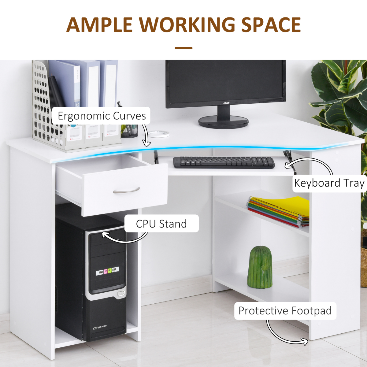 L-Shaped Corner Computer Desk with Sliding Keyboard Tray & 2 Storage Shelves – Home Office Workstation, White