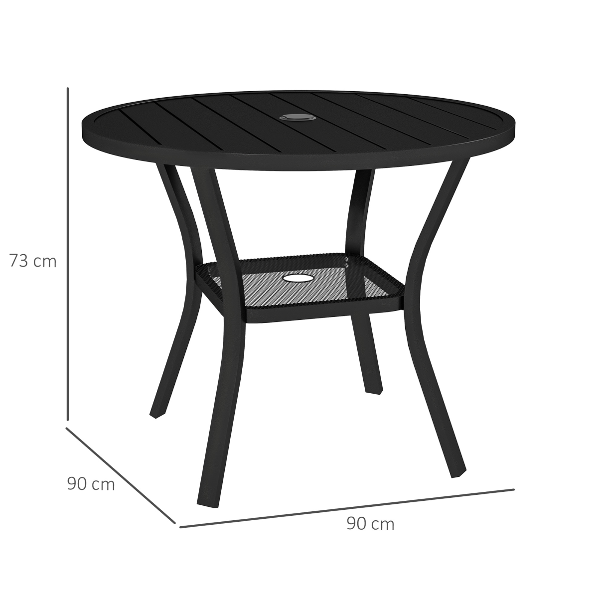 Outsunny 90cm Round Garden Dining Table with Parasol Hole – Slatted Steel Patio Table for 4, Black