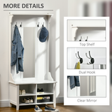 HOMCOM 3-in-1 Mirrored Shoe Cabinet with Bench, Coat Hooks and 4 Storage Cubes – White, 80cm
