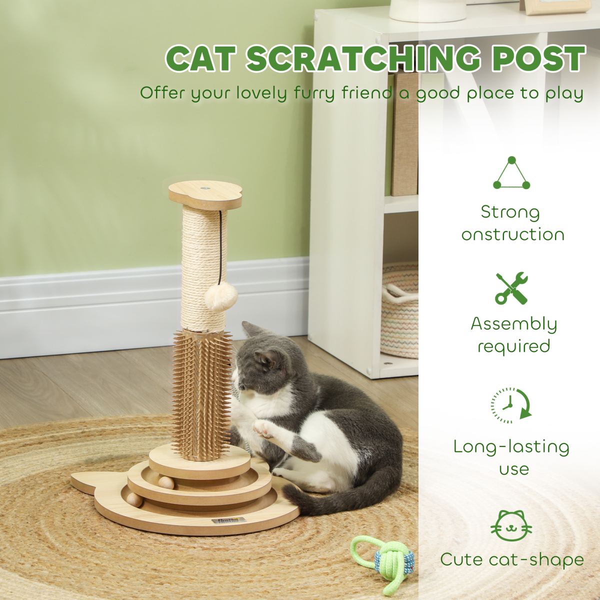 PawHut 49cm 5-in-1 Cat Scratching Post with Interactive Track Ball Turntable – Indoor Cat Tower, Oak & Cream White