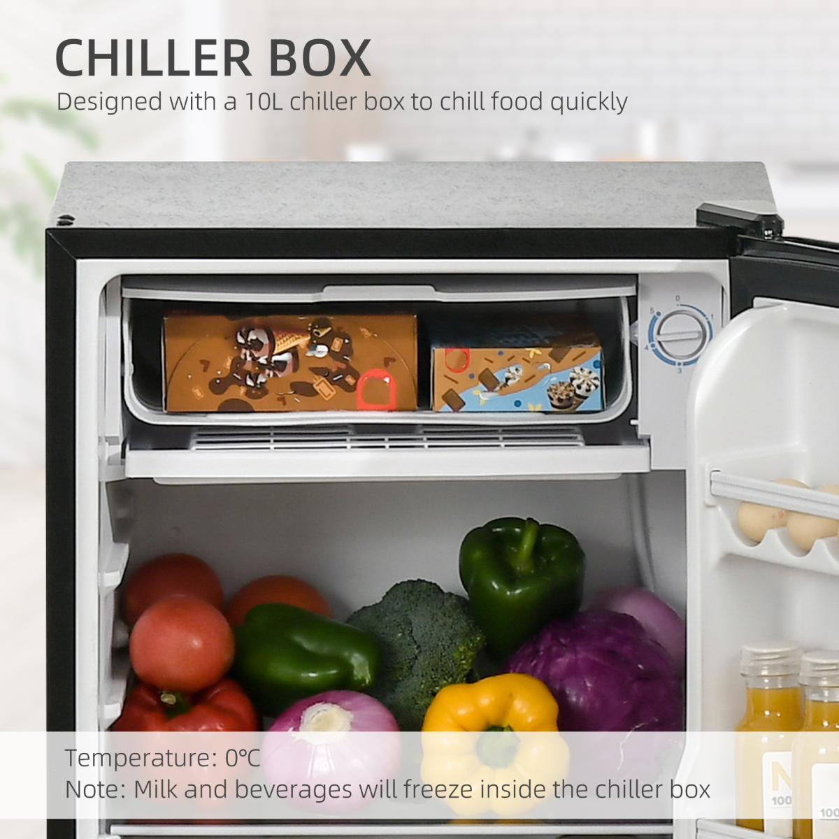 HOMCOM 91L Under Counter Fridge with Chiller Box & Reversible Door – Freestanding Kitchen Cooling, Black