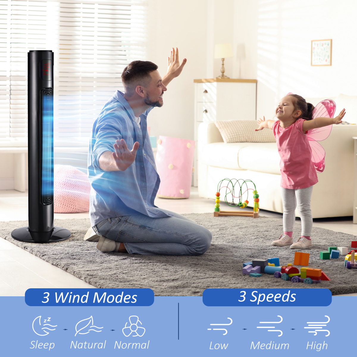 HOMCOM Freestanding Tower Fan with Oscillation, Multiple Speeds & Timer – 96cm Slim Cooling Fan, Black