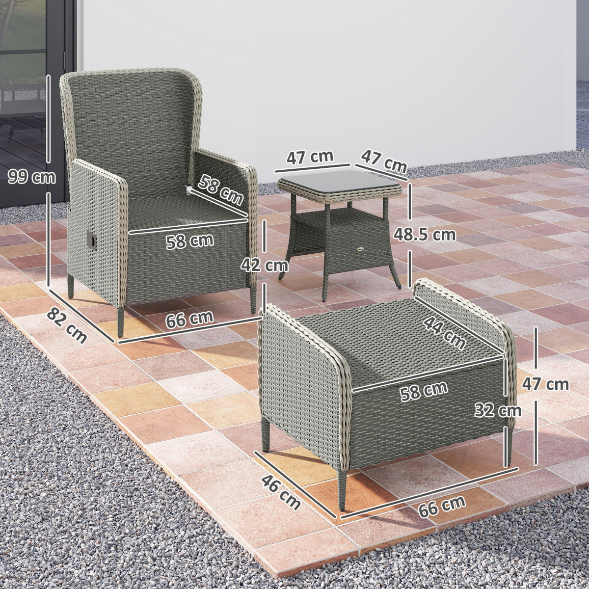 Outsunny Five-Piece Rattan Garden Furniture Set with Reclining Armchairs, Footstools & Glass Table, Charcoal Grey