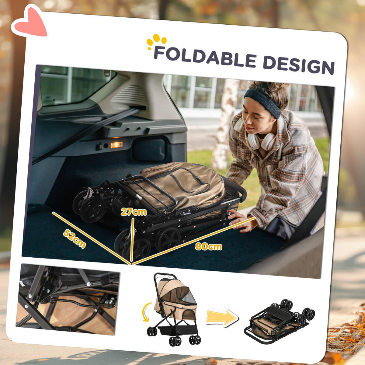 PawHut Foldable Pet Stroller for Small Dogs with Reversible Handle, Canopy & 4 Wheels – Travel Carriage, Brown