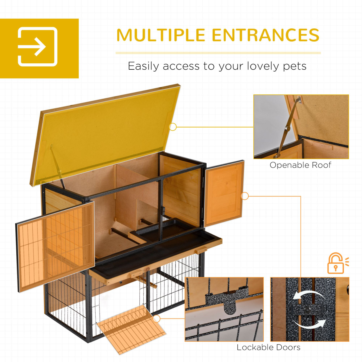 PawHut Wood-Metal Rabbit Hutch with Run, Ramp & Pull-Out Tray – Elevated Outdoor Pet House, 89.5cm