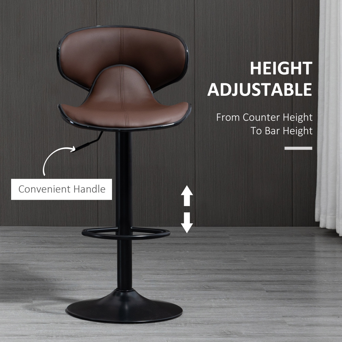HOMCOM Set of 2 Swivel Bar Stools with Backrest & Footrest – Gas Lift, Faux Leather, Brown