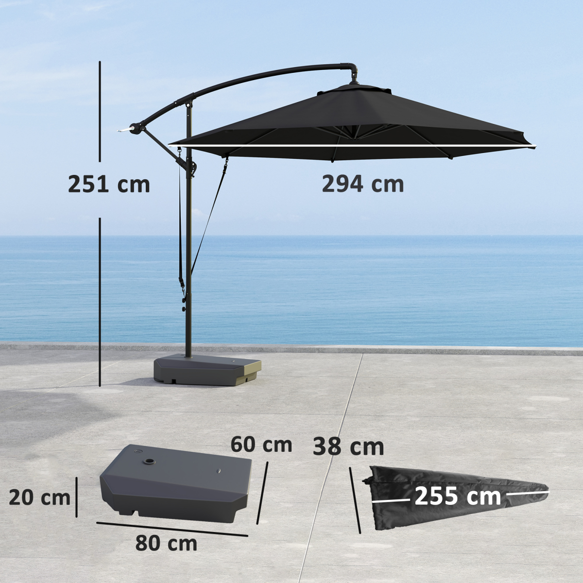 Outsunny 360° Rotating Patio Parasol with UV50+ Canopy, Wind Straps & Wheeled Weighted Base – Dark Grey