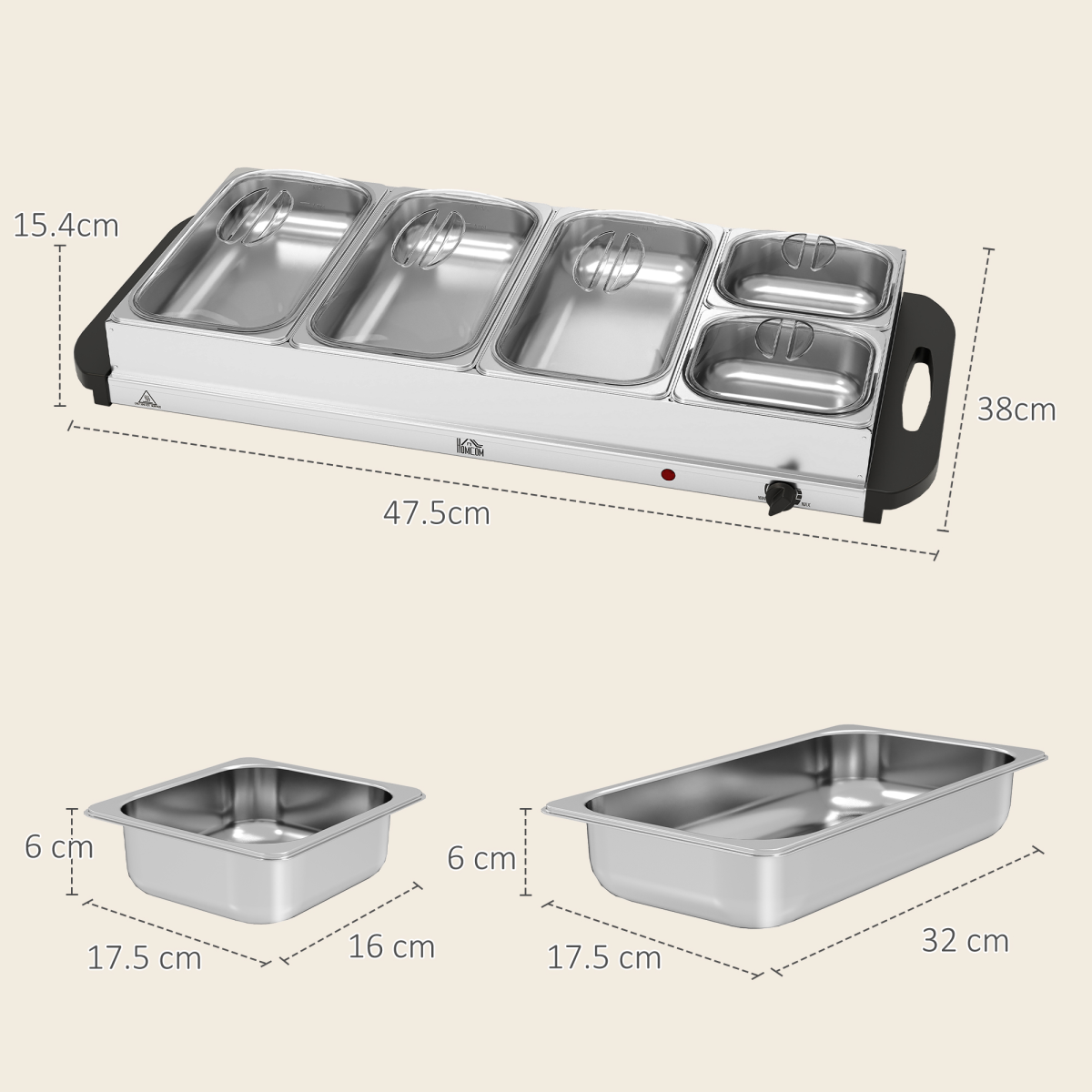 HOMCOM Electric Food Warmer with 5 Trays and Lids, 9.2L Buffet Server – Adjustable 58-85°C, Silver