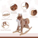 Kids Plush Rocking Horse with Padded Seat, Handles and Solid Wooden Base – Brown and White, 3 Years+