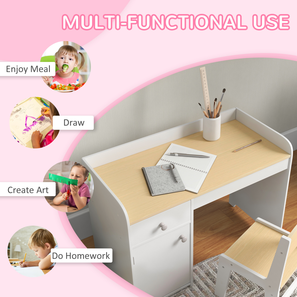 ZONEKIZ Kids Desk and Chair Set for 3–6 Year Olds with Storage Drawer and Compartment – White