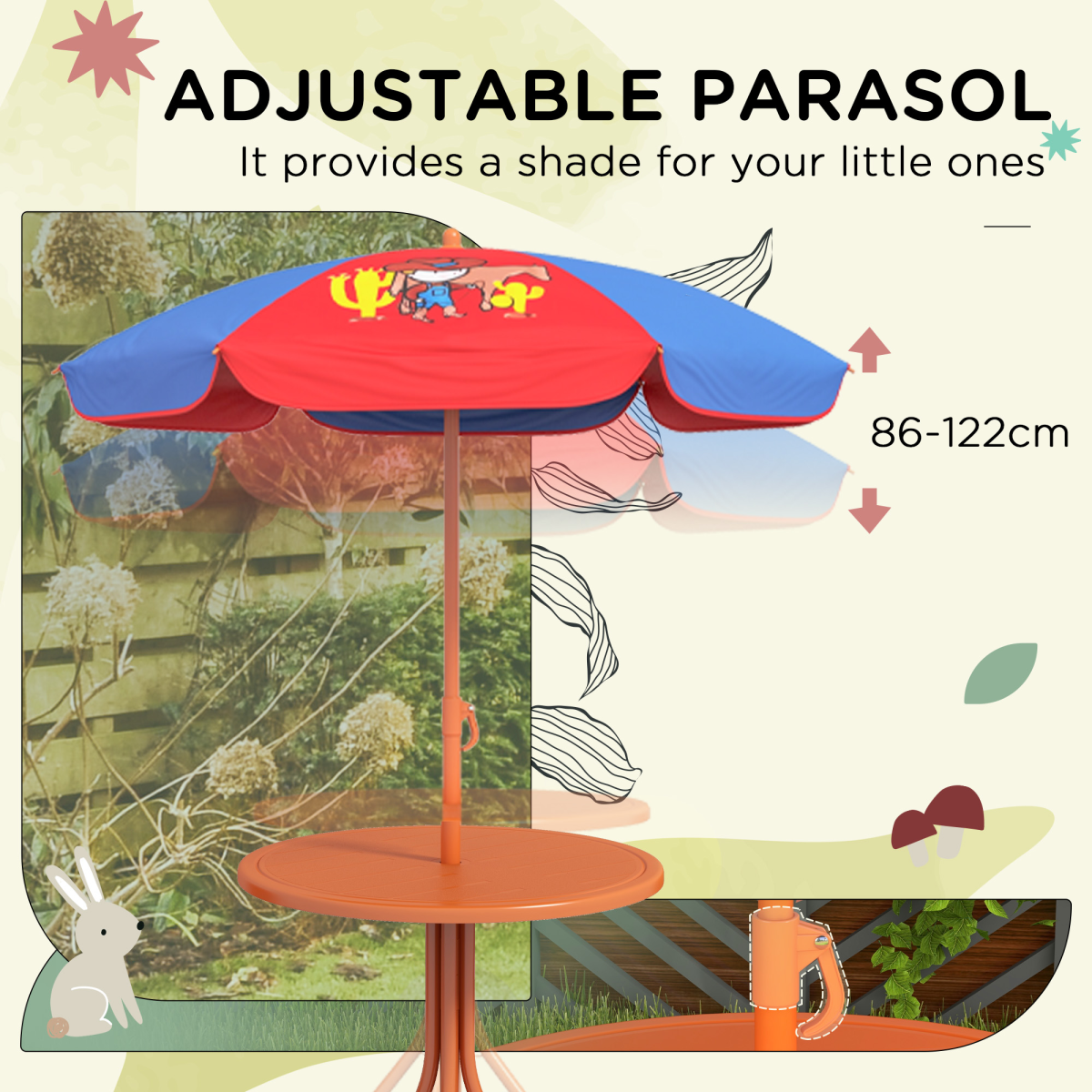 Outsunny Kids Bistro Table and Chair Set with Cowboy Theme, Adjustable Parasol – Outdoor Play Set