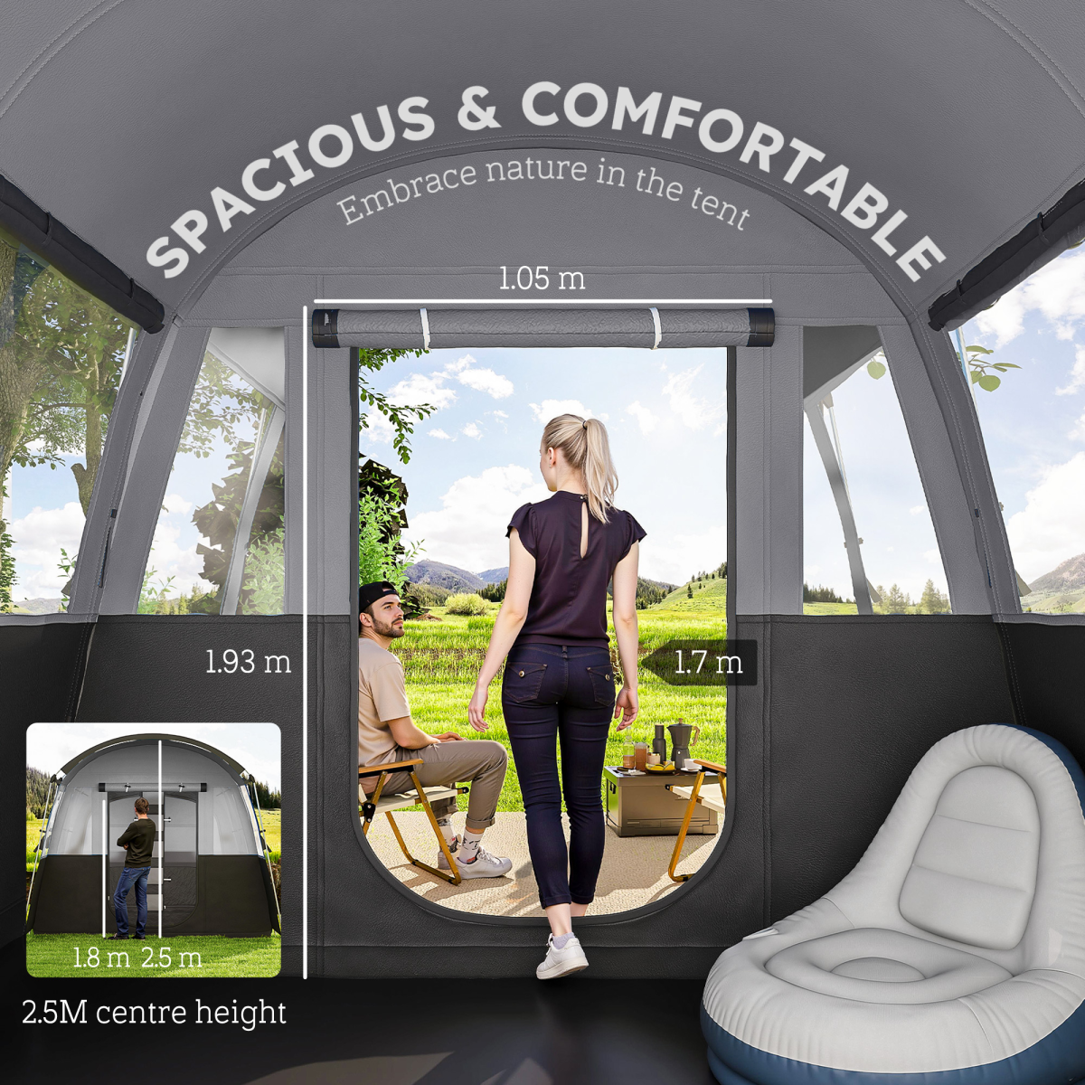 Outsunny 8-Person Tunnel Tent with 4 Large Windows & Removable Inner Walls – Family Camping Tent, Dark Grey
