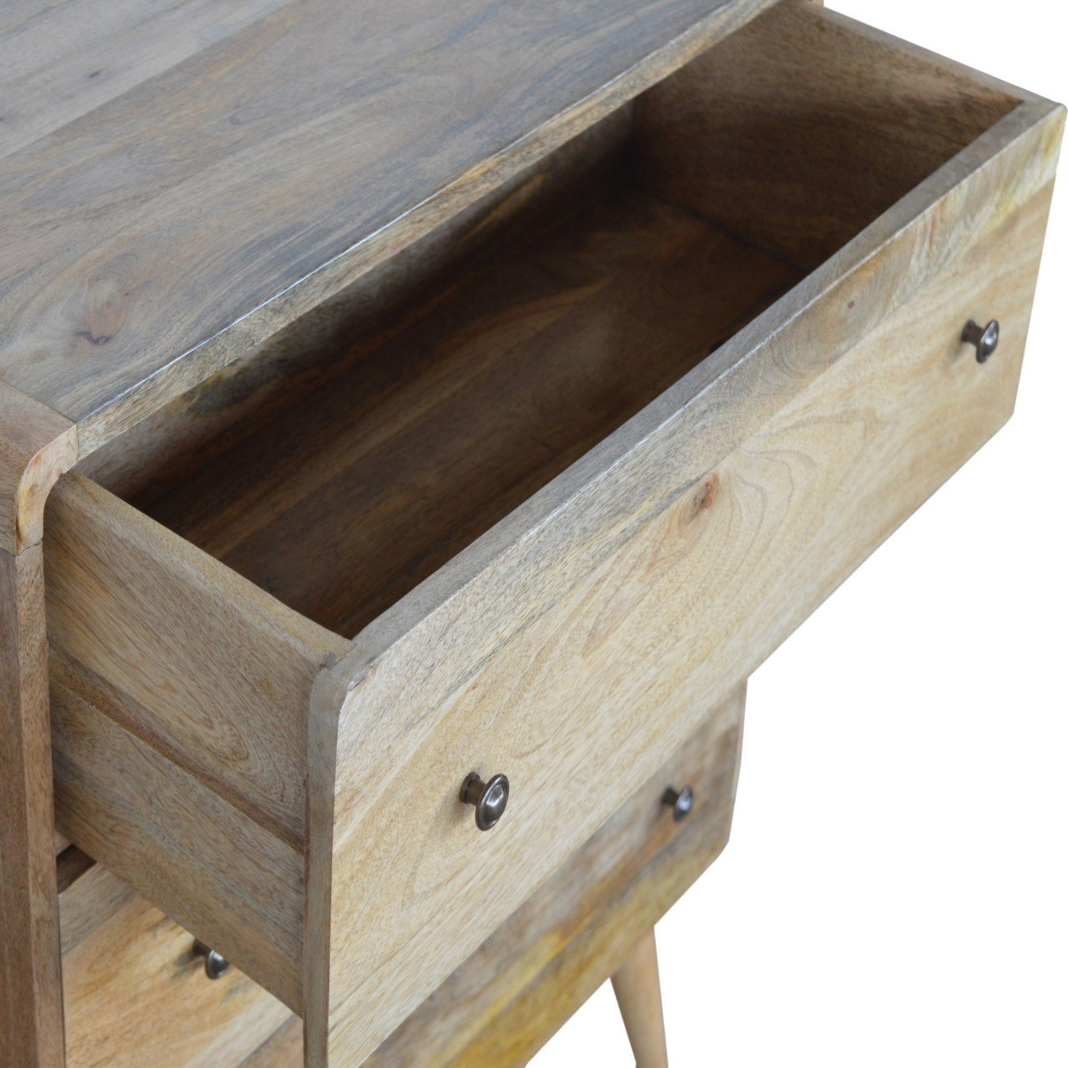 Artisan Furniture Solid Mango Wood Curved Chest of 3 Drawers with Nordic Legs – Oak-ish Finish, Light Brown