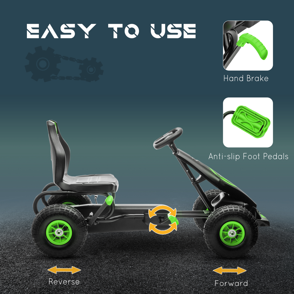 HOMCOM Children Pedal Go Kart with Adjustable Seat, Rubber Wheels and Handbrake – Ride-On for Ages 5-12, Green