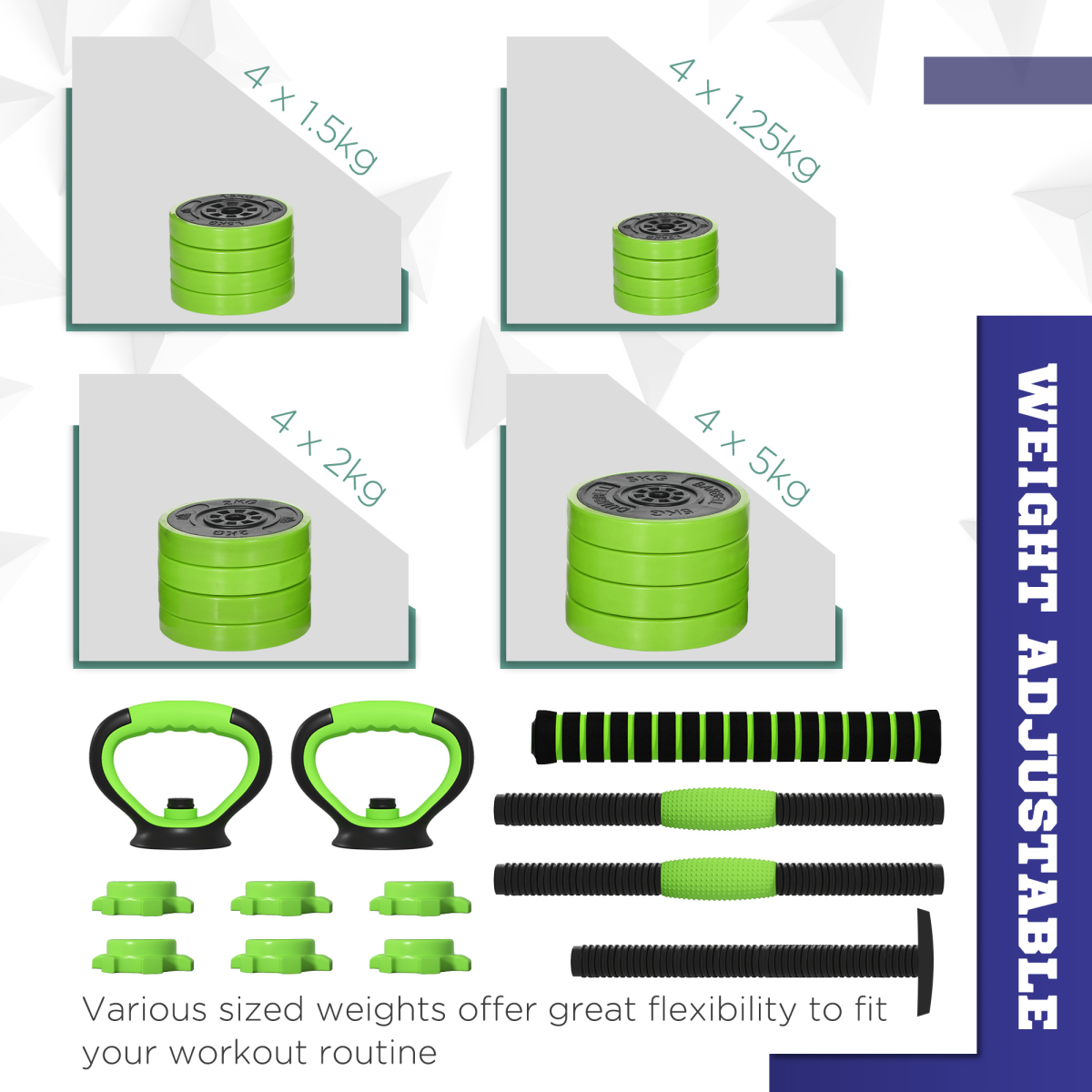 SPORTNOW 40kg 4-in-1 Adjustable Weight Set – Dumbbells, Barbell, Kettlebell & Push Up Stands, Home Gym, Green