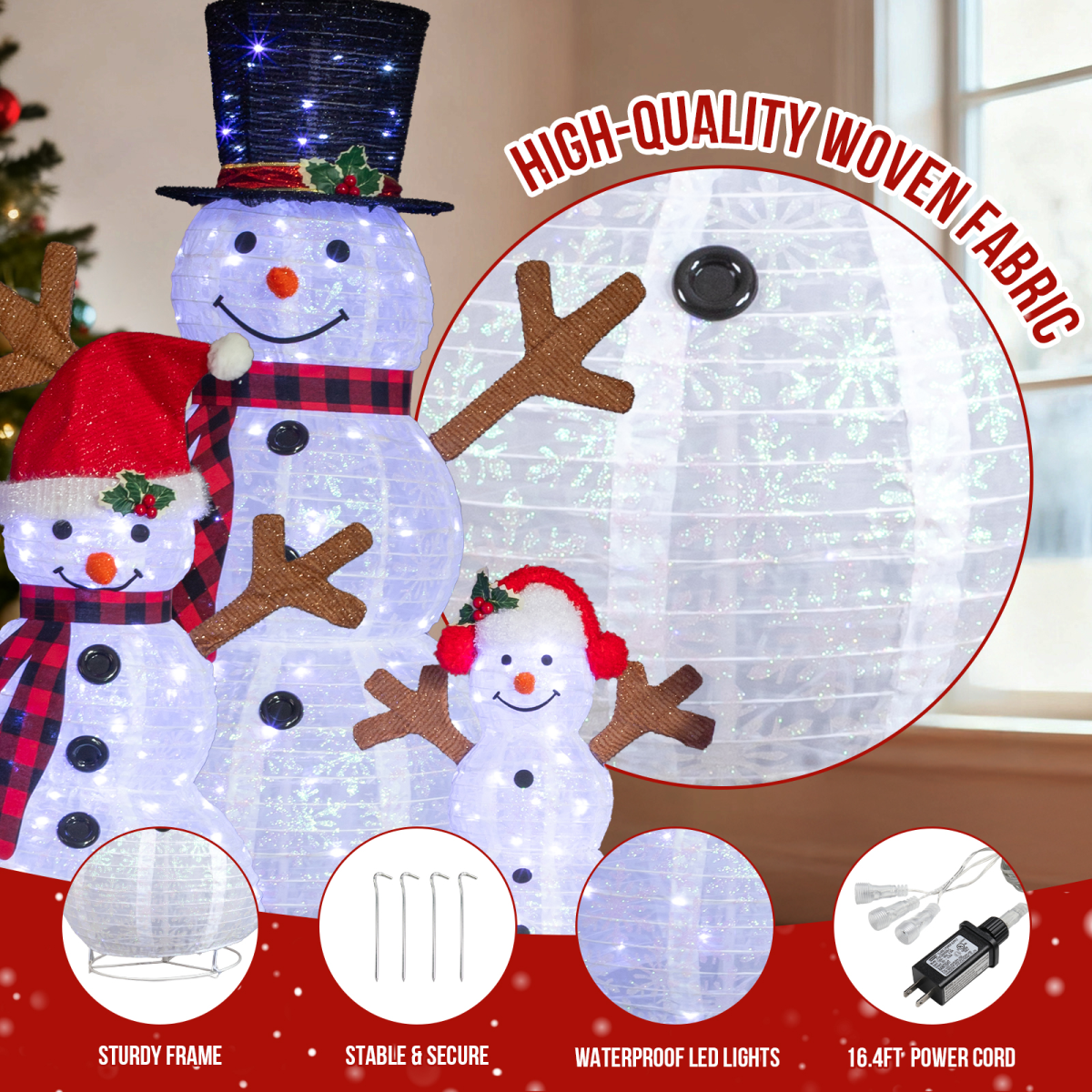 Set of 3 Lighted Snowman Family Christmas Decorations with 270 White Lights – Indoor & Outdoor Display