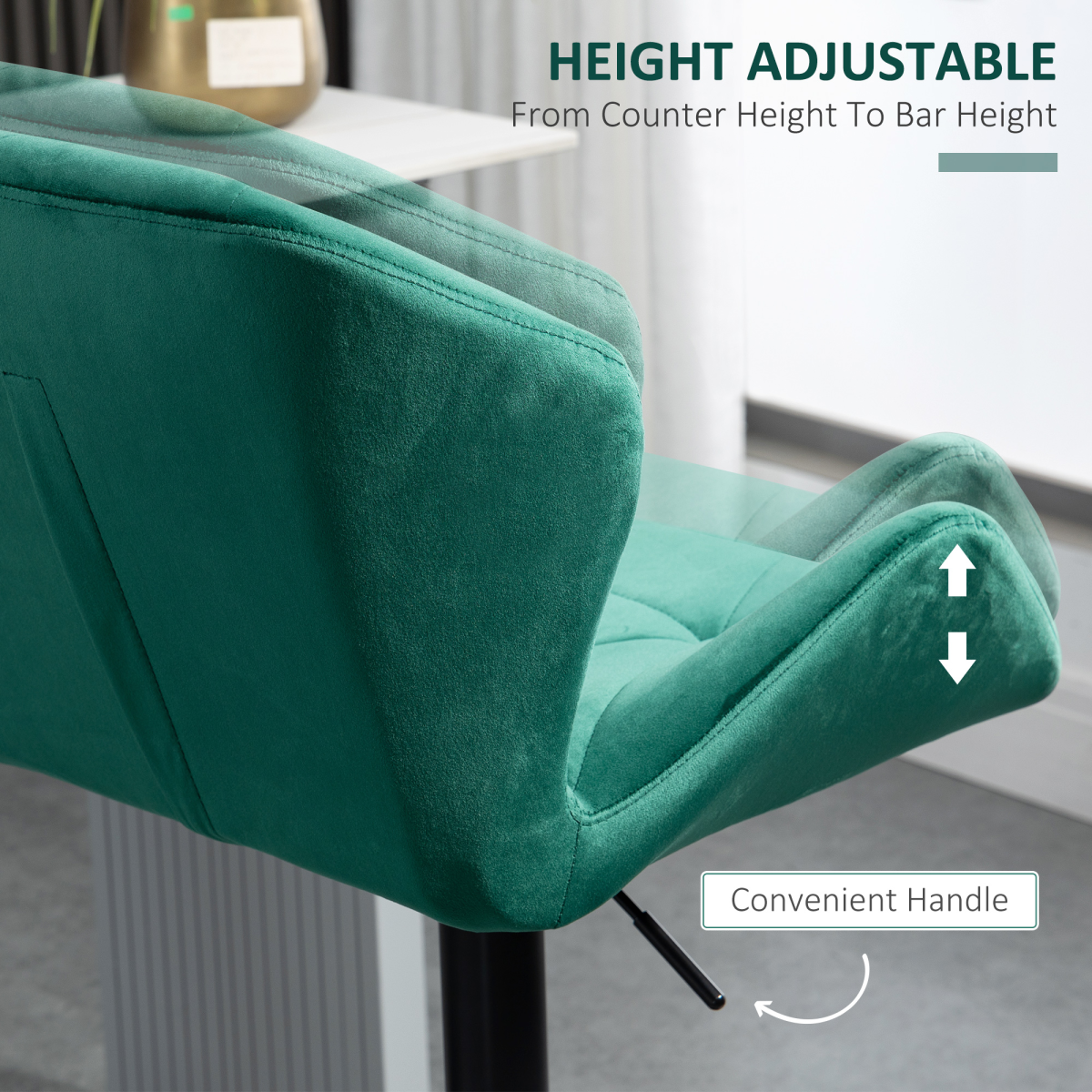 HOMCOM Set of 2 Velvet-Touch Bar Stools with Wing-Shaped Seats & Metal Footrest – Breakfast Bar Seating, Green