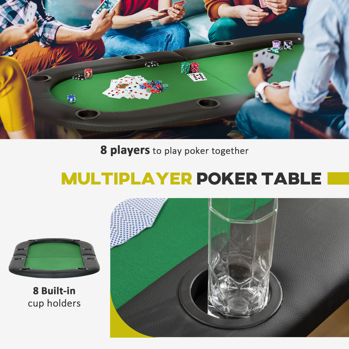 HOMCOM Foldable Poker Table for 8 Players with Game Trays & Drink Holders – Casino Games, Home and Pub
