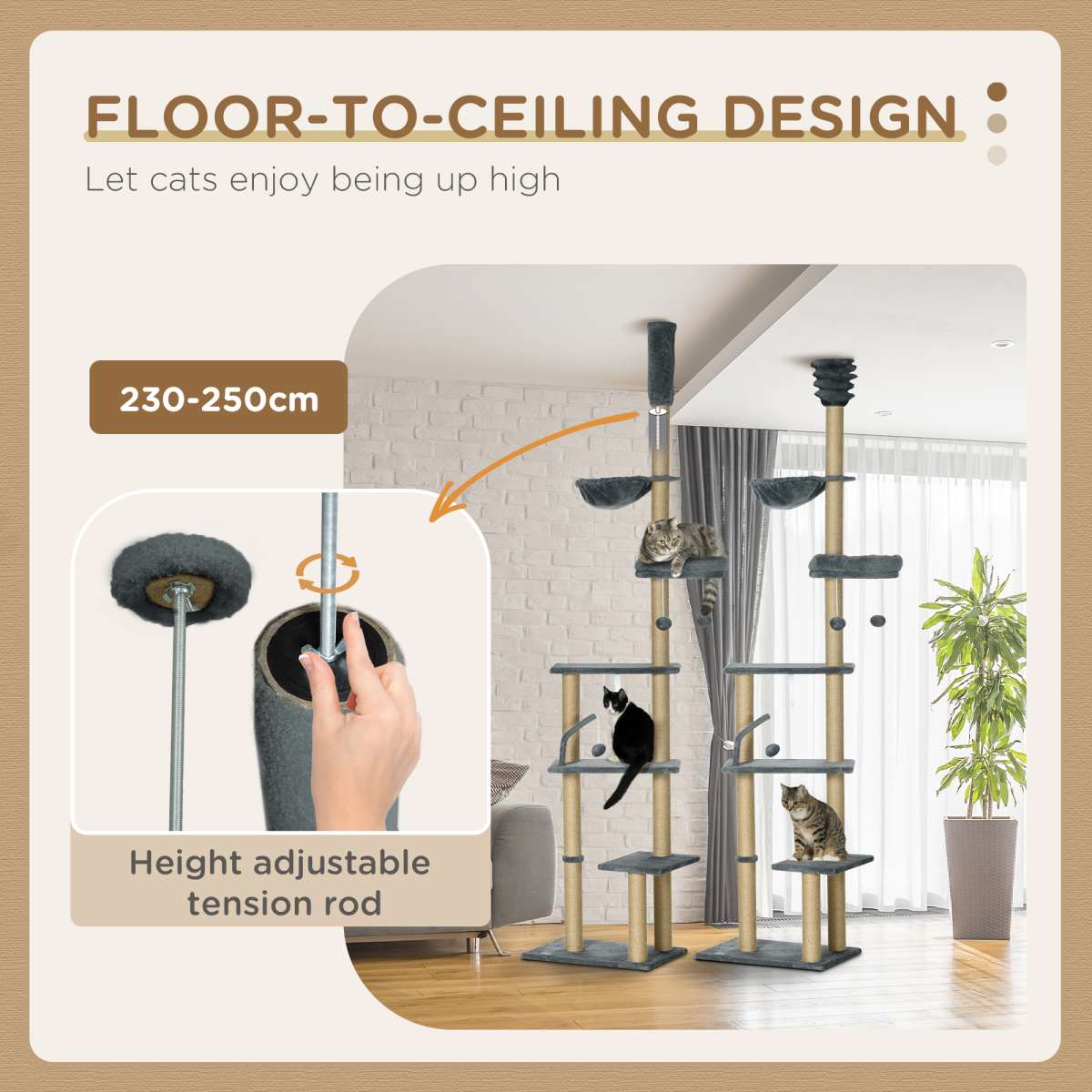 PawHut 6-Tier Floor to Ceiling Cat Tree with Scratching Post, Bed & Hammock – Cat Tower, Grey