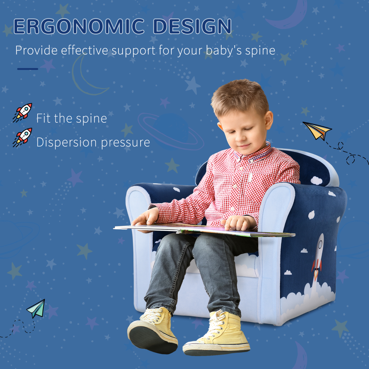 HOMCOM Kids Mini Sofa Armchair with Solid Wood Frame – Rocket Design Toddler Seat, 18 Months+