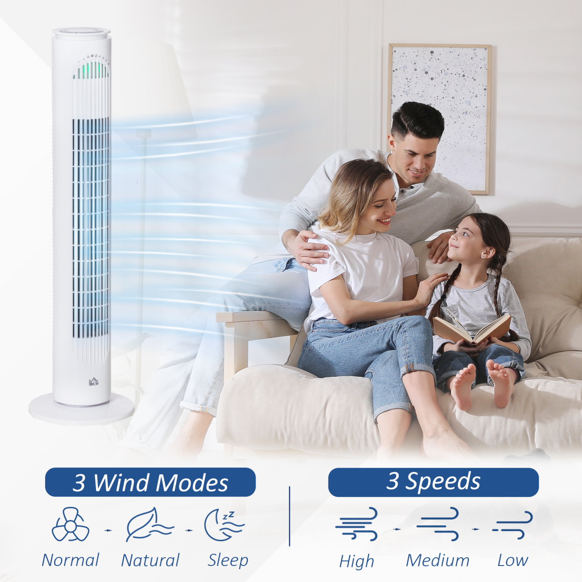 HOMCOM Oscillating Tower Fan with Remote, 3 Speeds, 3 Modes & 10H Timer – Bedroom & Office Cooling, White