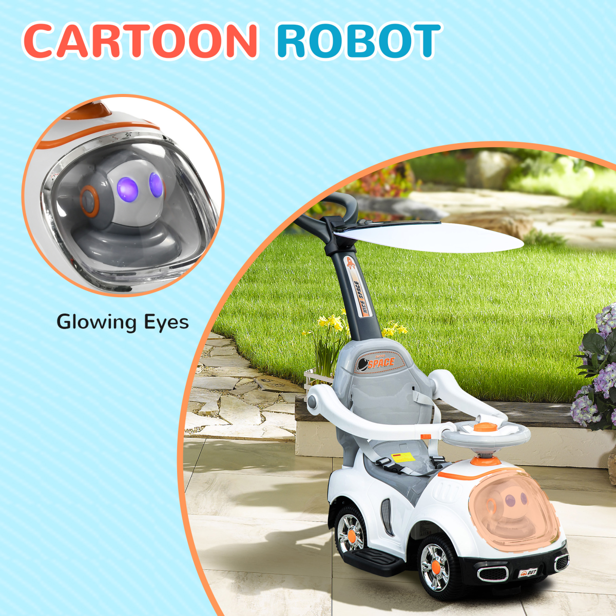 AIYAPLAY 3 in 1 Ride-On Push Car with Parent Handle & Canopy – Robot Foot to Floor Slider, 12-36 Months, White