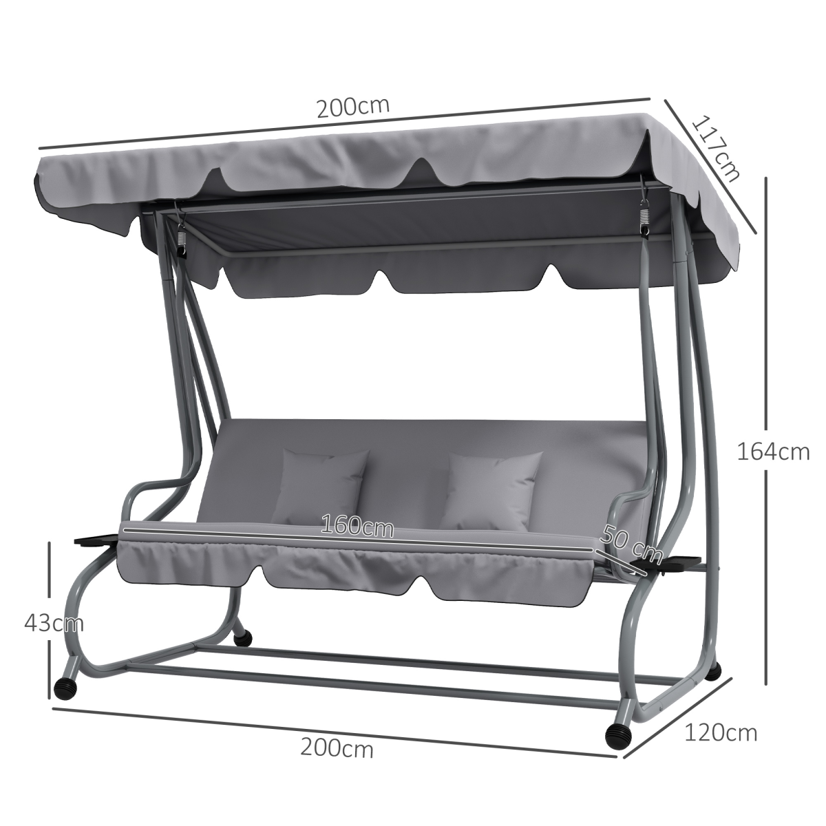 Outsunny 2-in-1 3-Seater Garden Swing Chair with Adjustable Canopy, Side Trays & Pillows – Converts to Bed, Grey