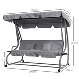 Outsunny 2-in-1 3-Seater Garden Swing Chair with Adjustable Canopy, Side Trays & Pillows – Converts to Bed, Grey
