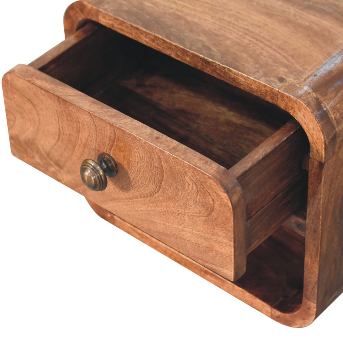 Artisan Furniture Solid Mango Wood Mini Wall Mounted Bedside Table, 1 Drawer and Open Slot, Honey Caramel