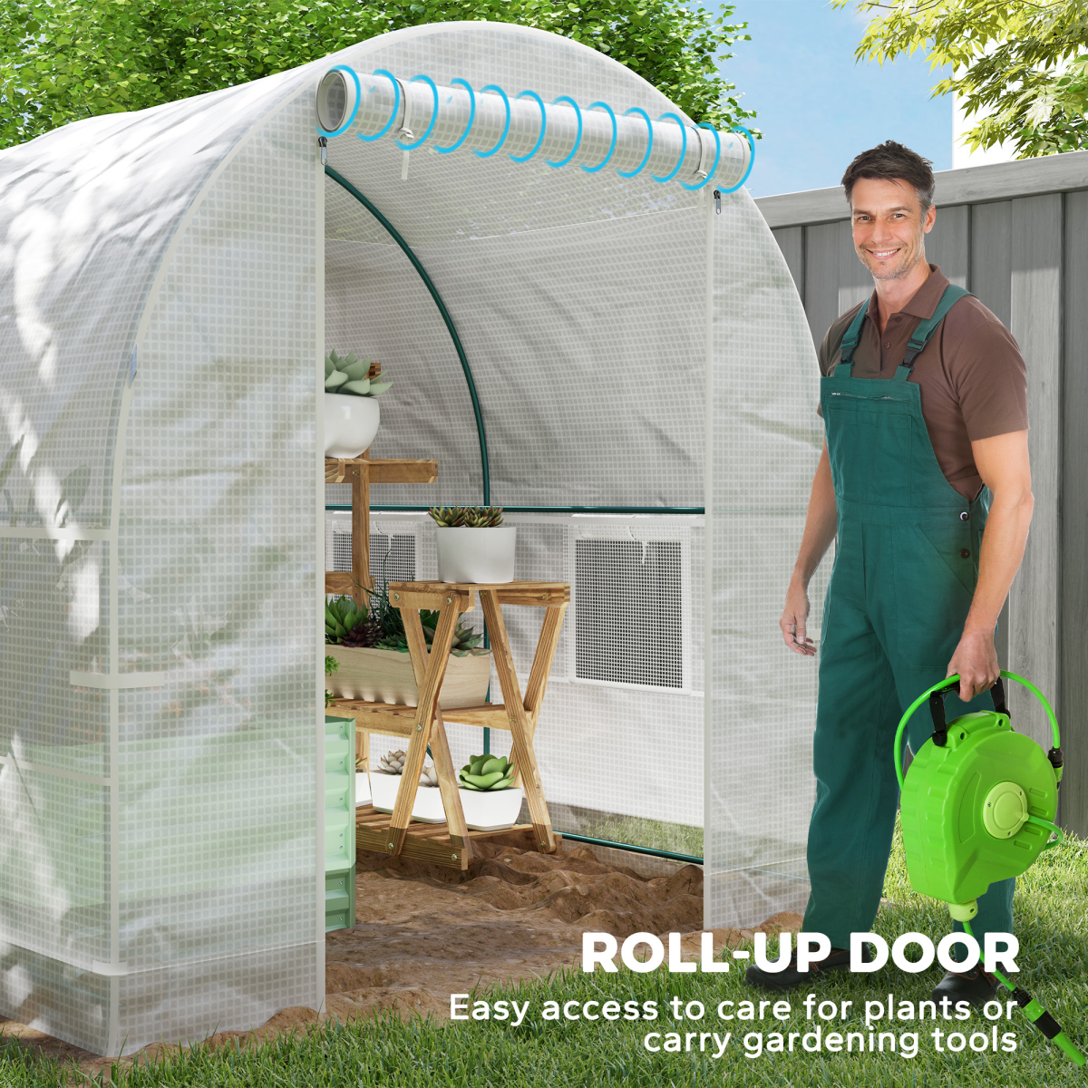 Outsunny 2 x 2.5m Polytunnel Greenhouse with Roll-Up Door and Mesh Windows, Steel Frame, PE Cover, White